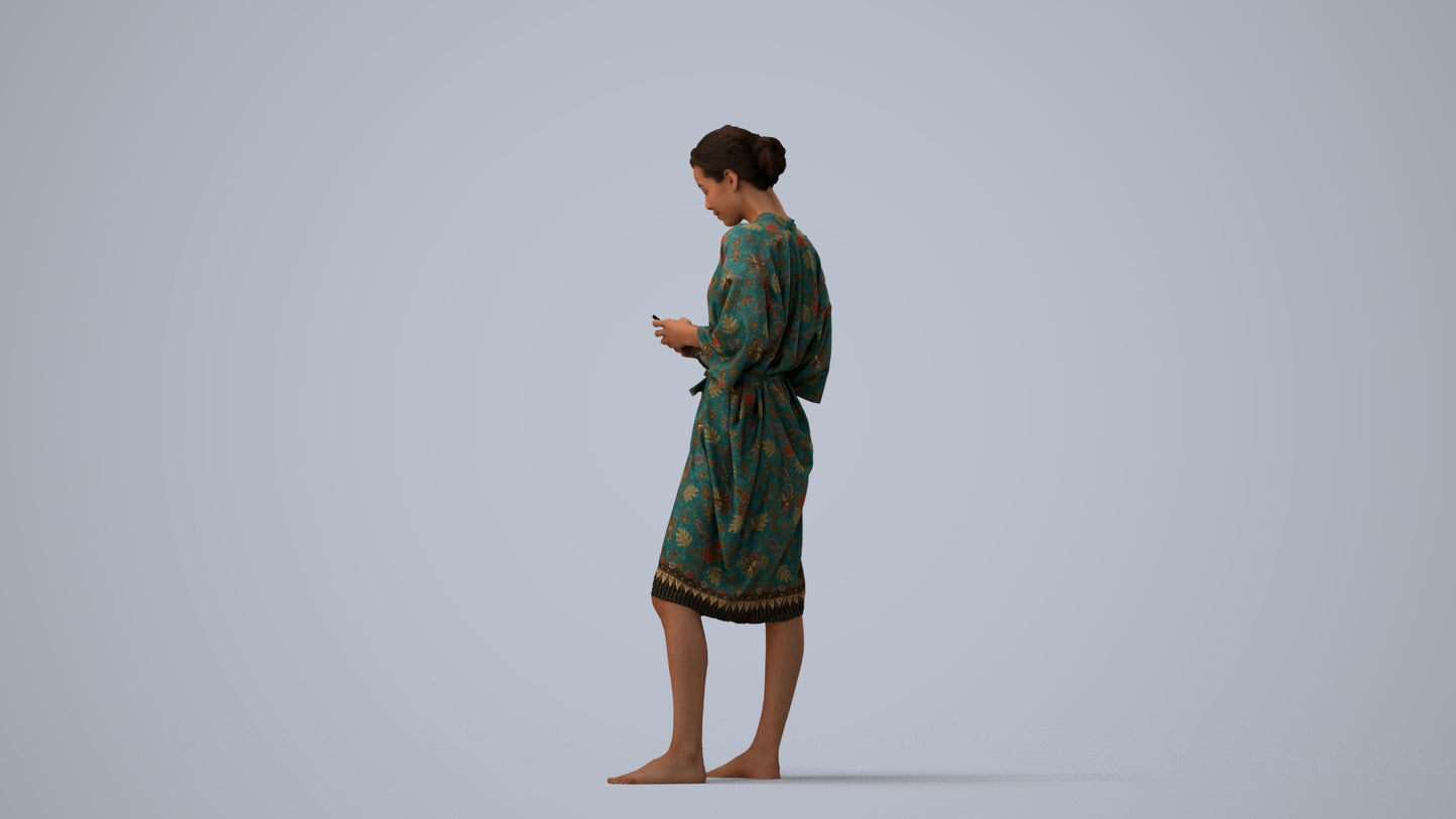 realistic 3D woman casual bathroom, scanned archviz people for Blender and 3ds Max, three-quarter view render