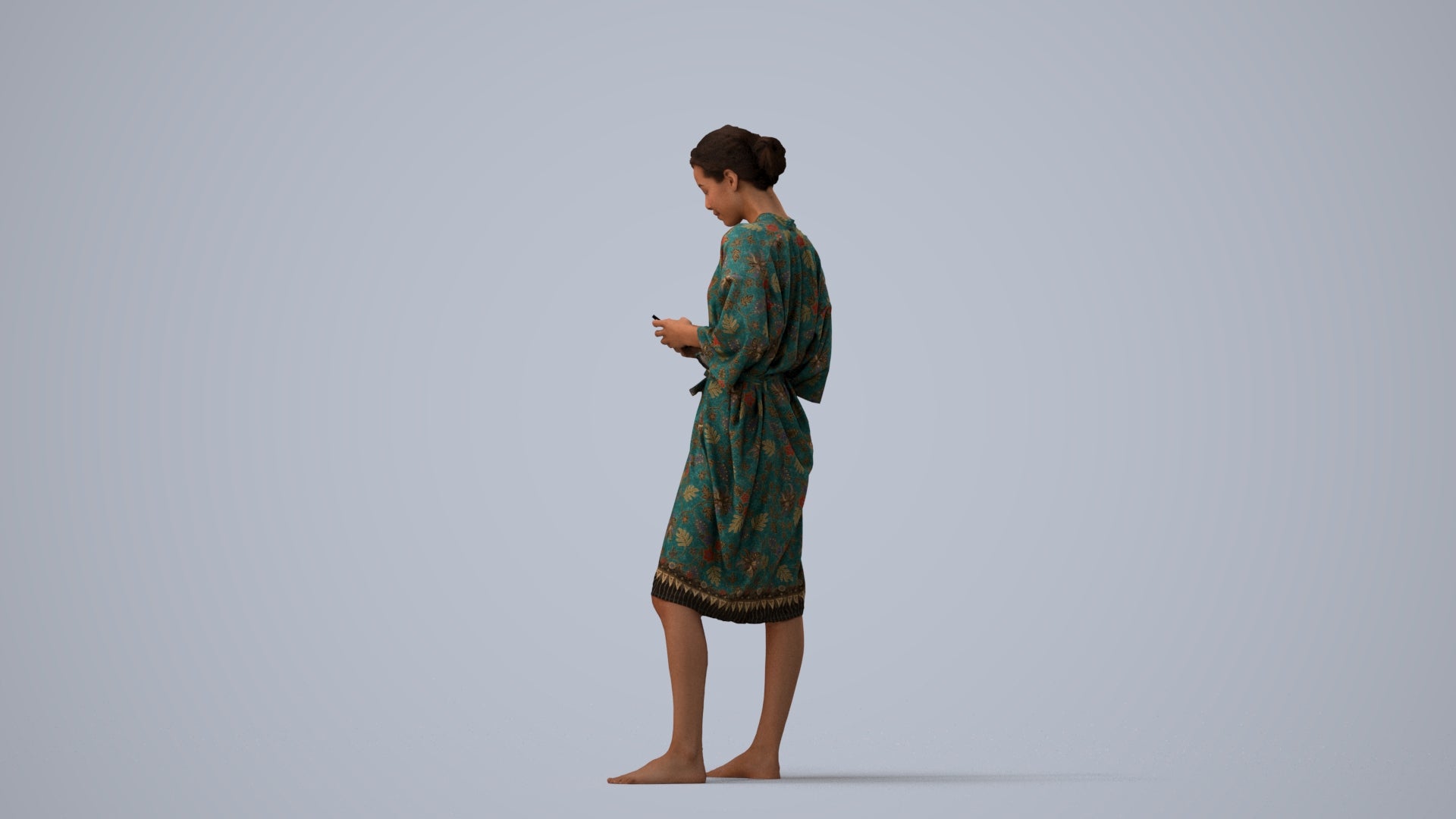 realistic 3D woman casual bathroom, scanned archviz people for Blender and 3ds Max, three-quarter view render