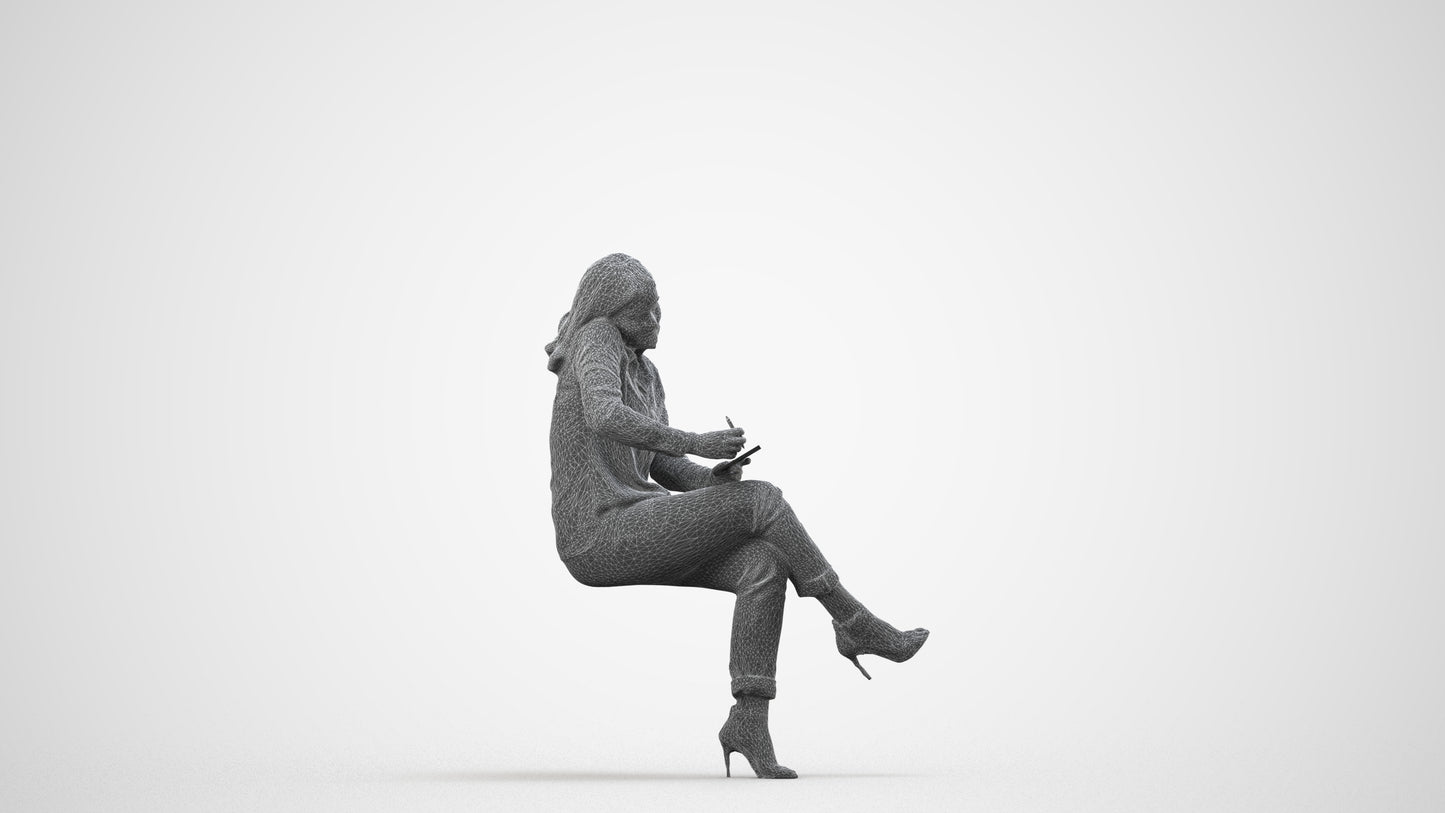 realistic 3D human woman casual sitting, archviz people FBX OBJ for Blender, wireframe side view
