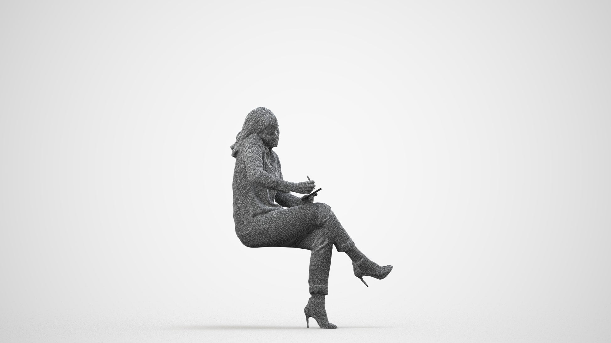 realistic 3D human woman casual sitting, archviz people FBX OBJ for Blender, wireframe side view