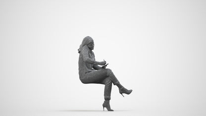 realistic 3D human woman casual sitting, archviz people FBX OBJ for Blender, wireframe side view