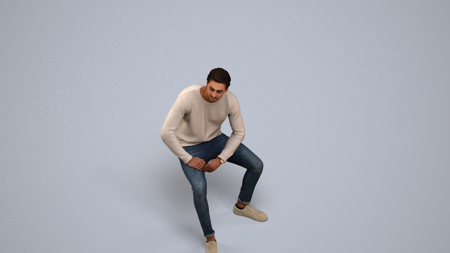 scanned 3D man casual sitting, photogrammetry people for Enscape and V-Ray, front view render