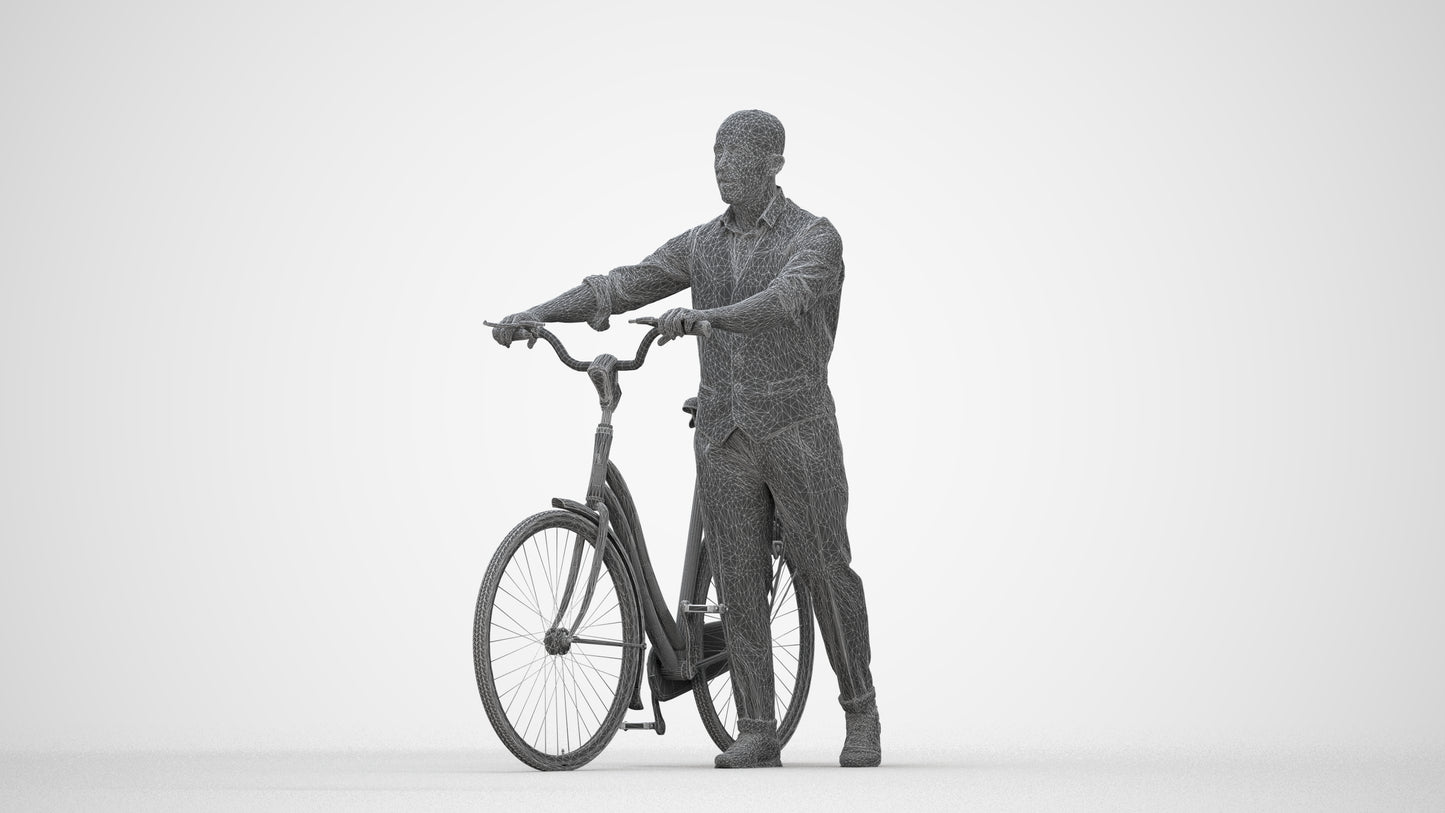3D human model man business cycling, photogrammetry scanned person for archviz, wireframe back view