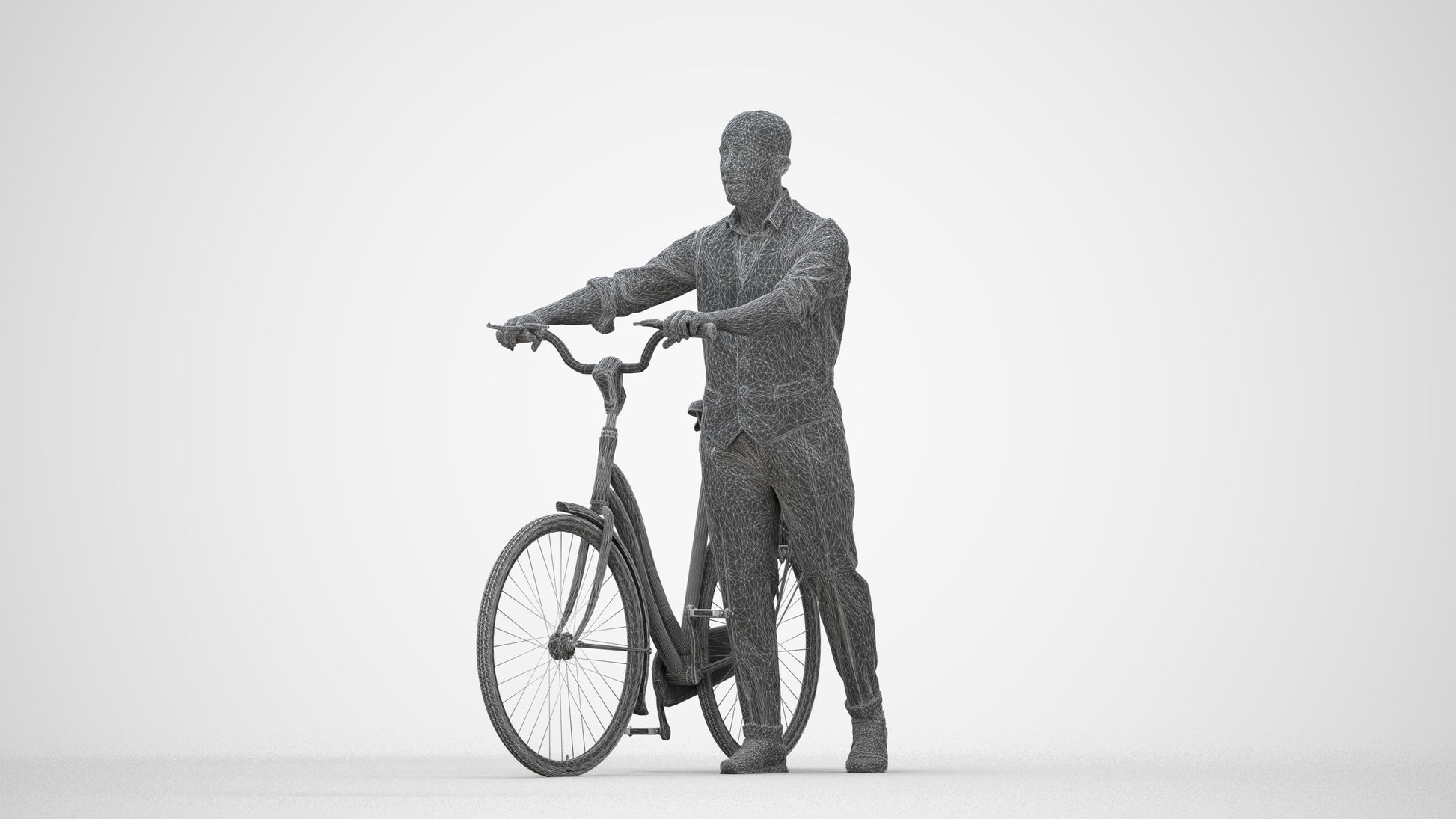 3D human model man business cycling, photogrammetry scanned person for archviz, wireframe back view