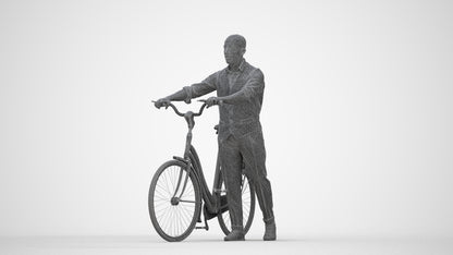 3D human model man business cycling, photogrammetry scanned person for archviz, wireframe back view