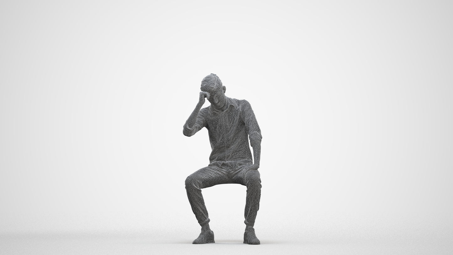 3D people model man casual sitting, scanned human for 3ds Max rendering, three-quarter front view render