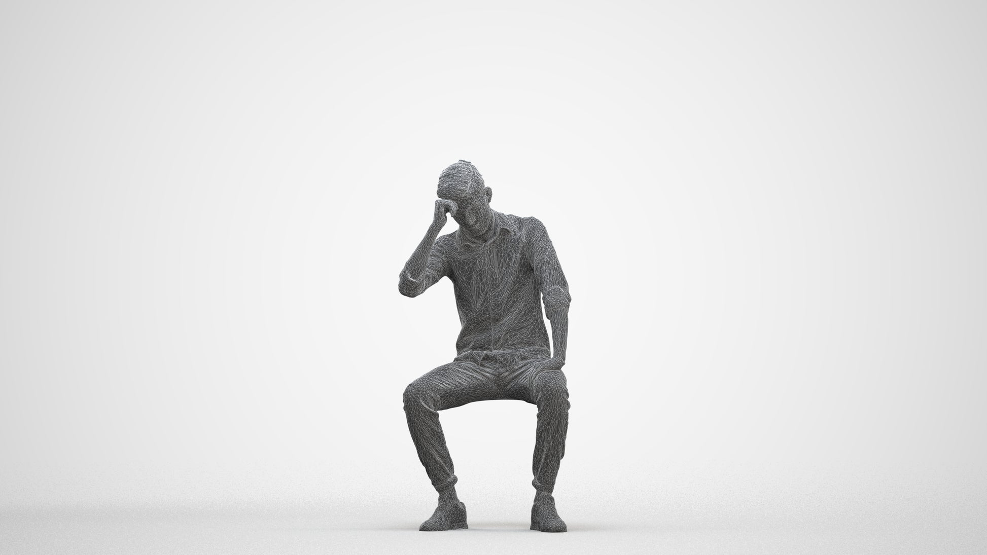 3D people model man casual sitting, scanned human for 3ds Max rendering, three-quarter front view render