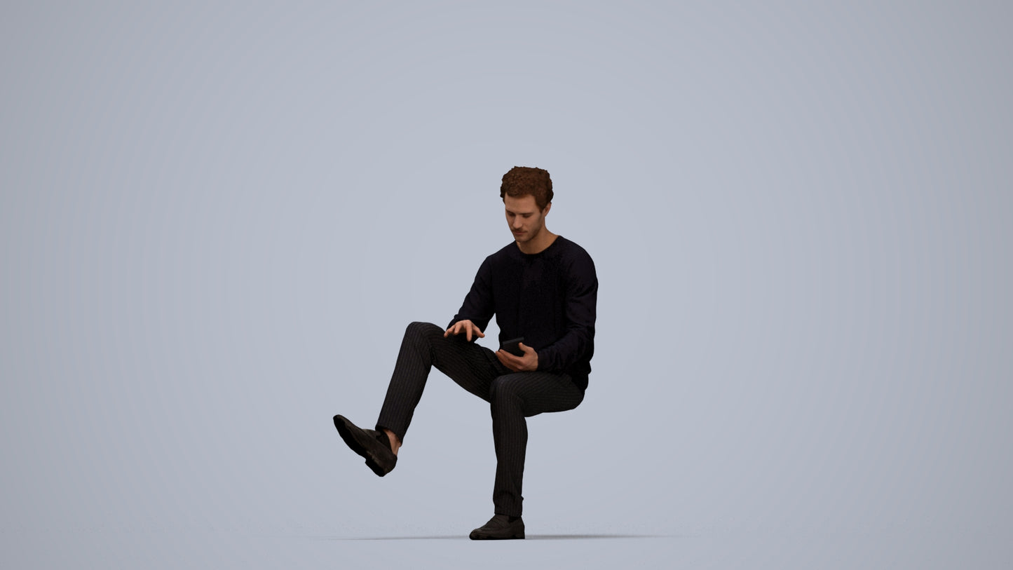 realistic 3D man casual sitting, scanned archviz people for Blender and 3ds Max, top-down view render