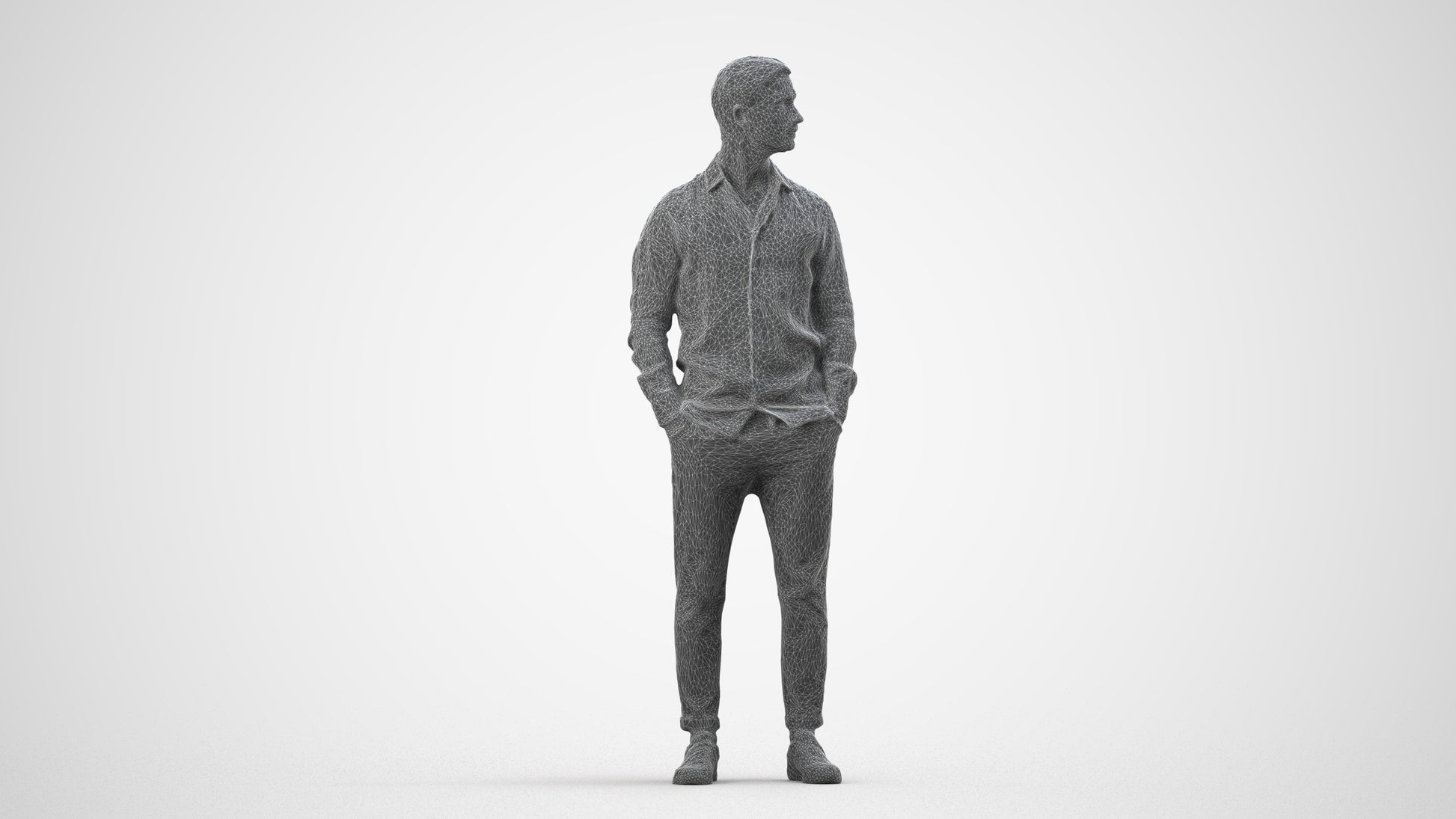 realistic 3D man casual standing, scanned archviz people for Blender and 3ds Max, wireframe side view