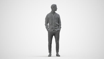 realistic 3D man casual standing, scanned archviz people for Blender and 3ds Max, wireframe side view