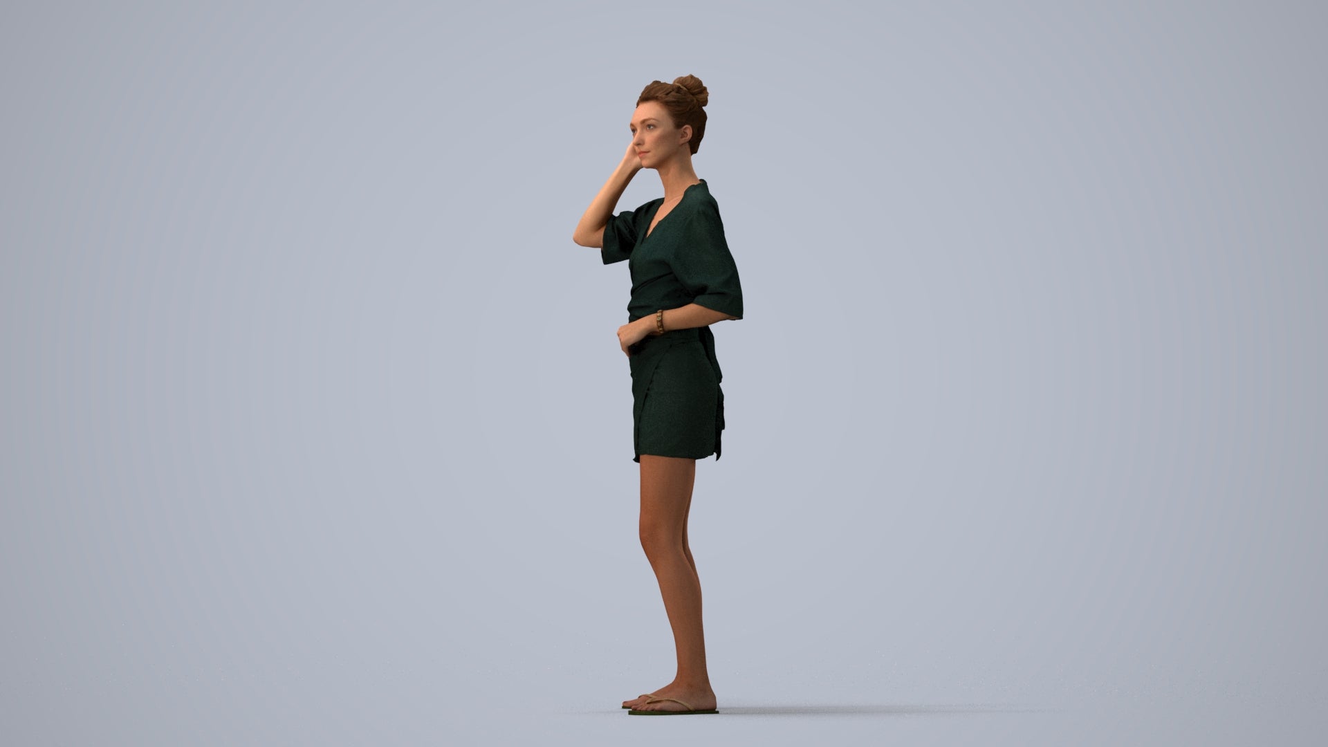 3D human model woman casual standing, photogrammetry scanned person for archviz, three-quarter view render