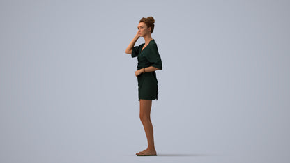 3D human model woman casual standing, photogrammetry scanned person for archviz, three-quarter view render