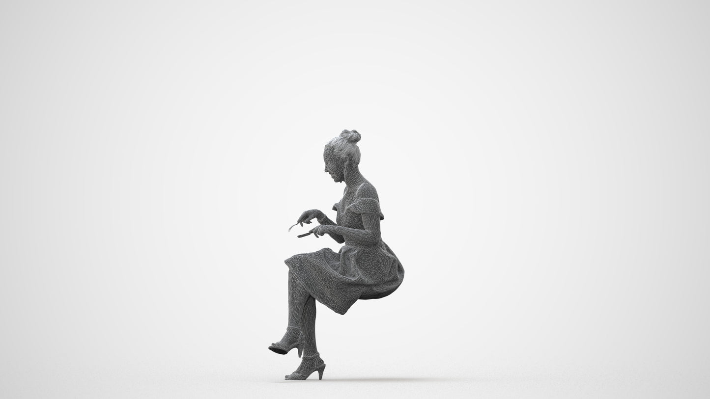 3D human model woman formal sitting, photogrammetry scanned person for archviz, square thumbnail