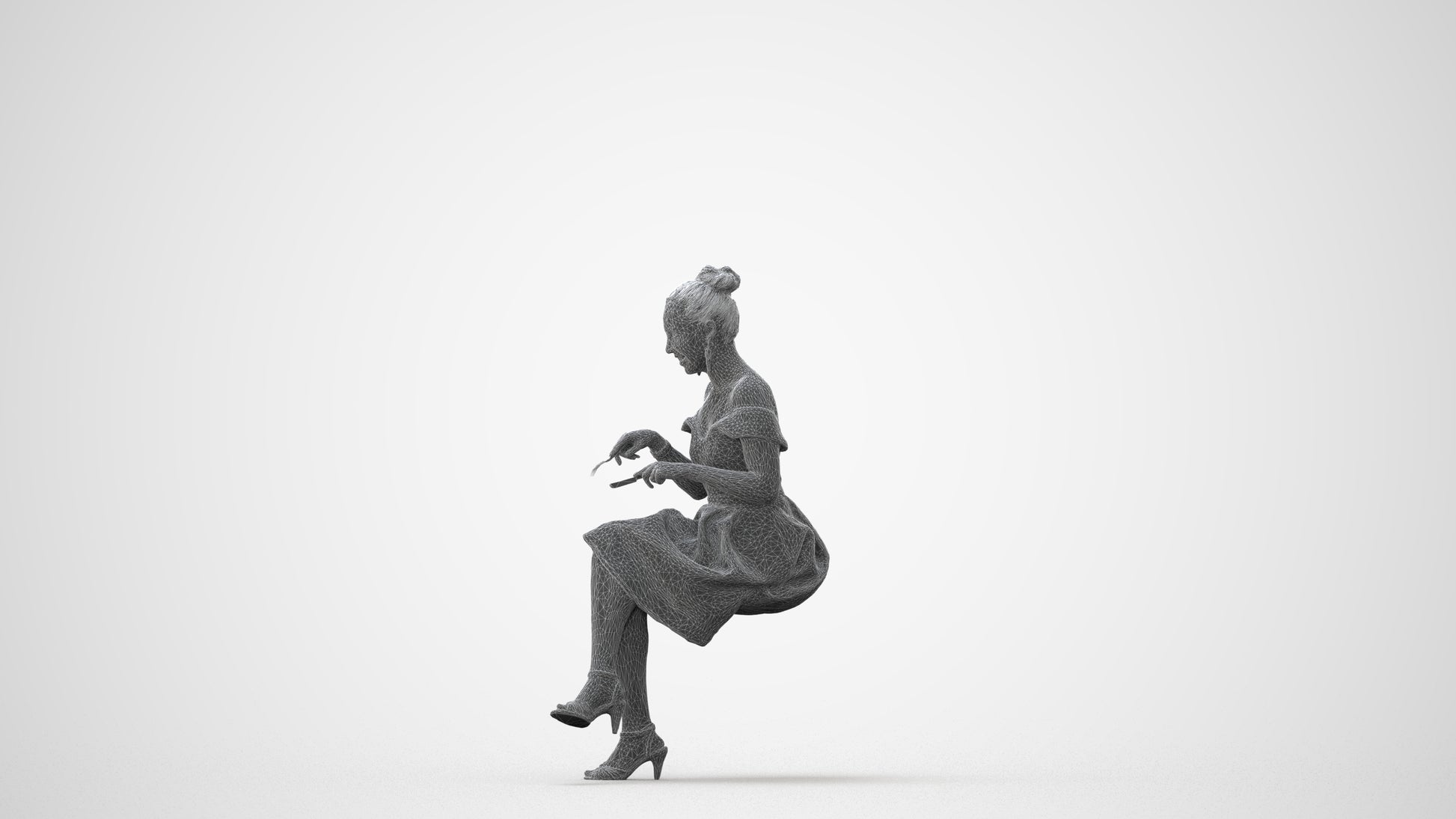 3D human model woman formal sitting, photogrammetry scanned person for archviz, square thumbnail