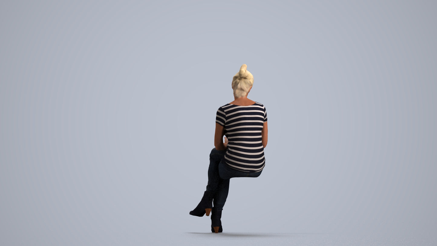 realistic 3D people senior woman casual sitting, render-ready for V-Ray and Corona, FBX OBJ, front view render