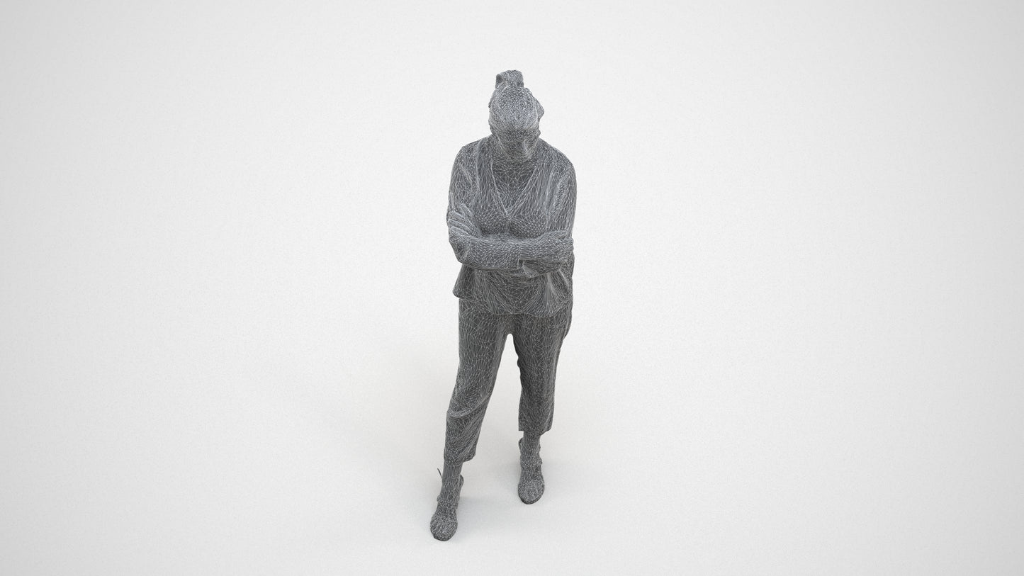 realistic 3D woman casual standing, scanned archviz people for Blender and 3ds Max, wireframe three-quarter view