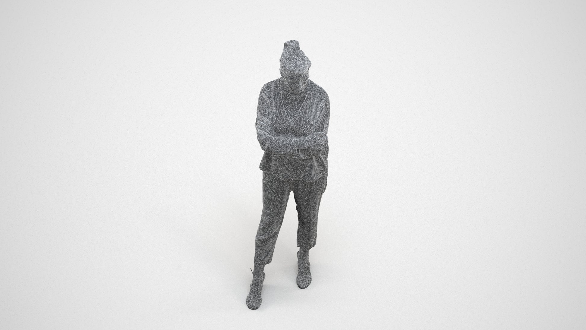 realistic 3D woman casual standing, scanned archviz people for Blender and 3ds Max, wireframe three-quarter view