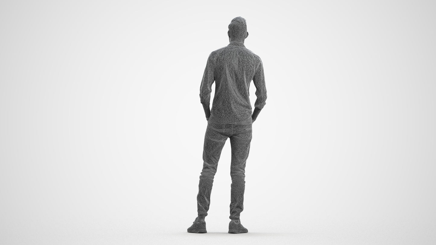 scanned 3D man casual standing, photogrammetry people for Enscape and V-Ray, wireframe front view