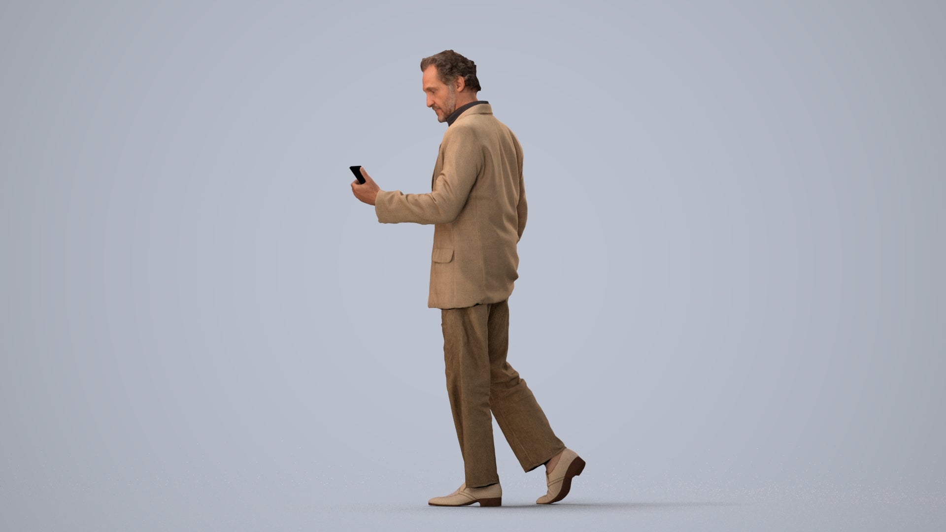 realistic 3D human man business walking, archviz people FBX OBJ for Blender, three-quarter view render