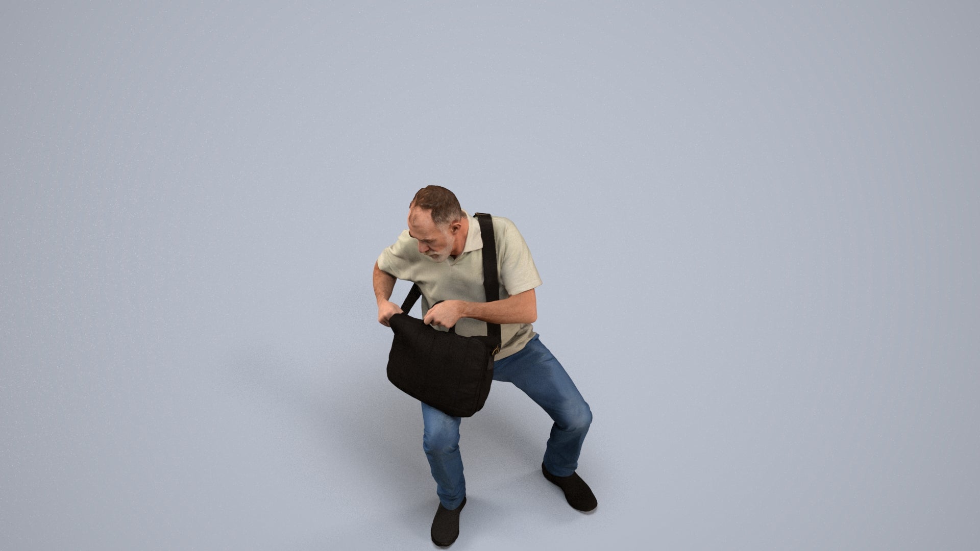 realistic 3D human senior man casual sitting, archviz people FBX OBJ for Blender, back view render