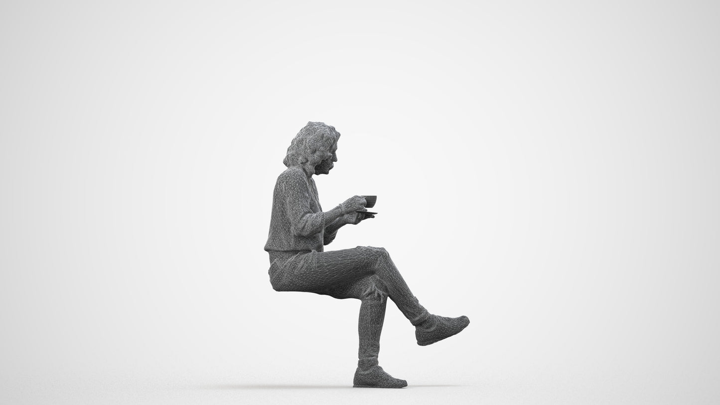 photogrammetry 3D woman casual sitting, realistic human model archviz FBX, wireframe side view