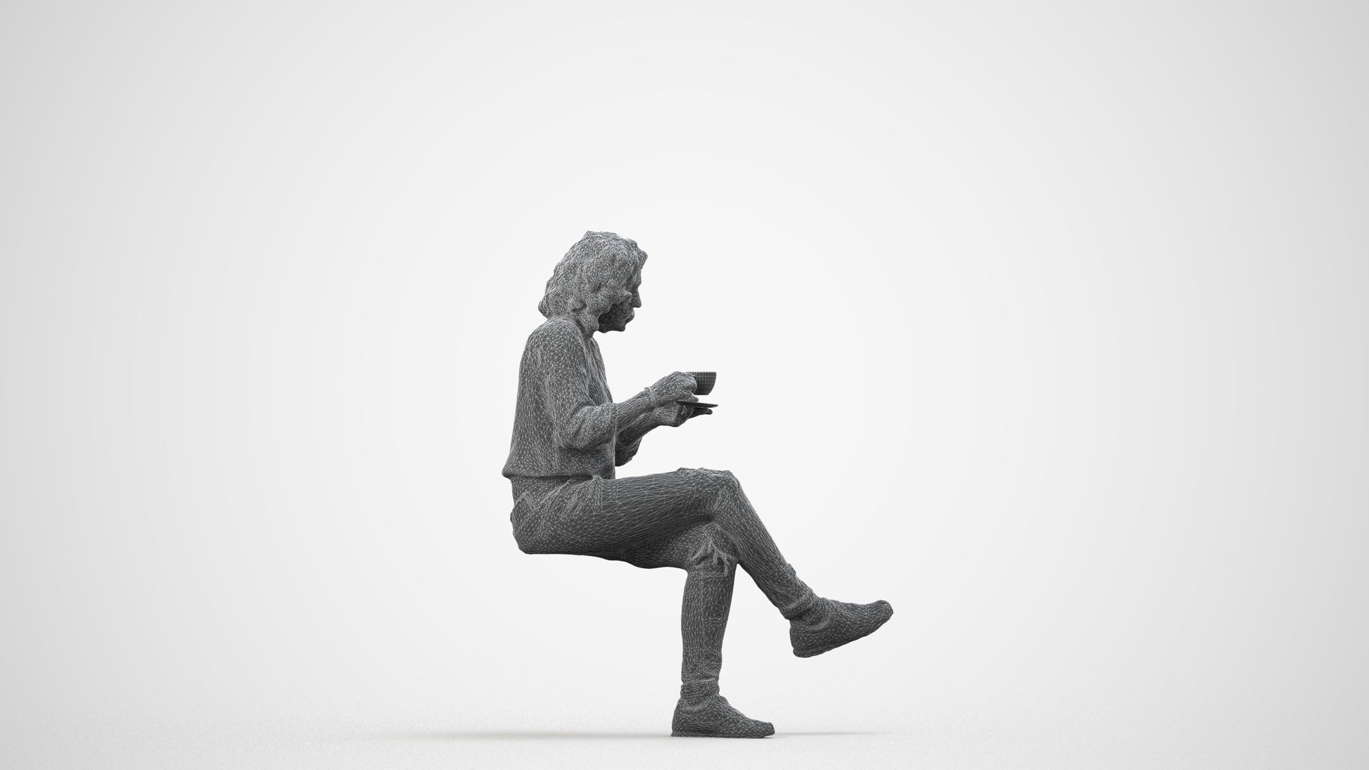 photogrammetry 3D woman casual sitting, realistic human model archviz FBX, wireframe side view