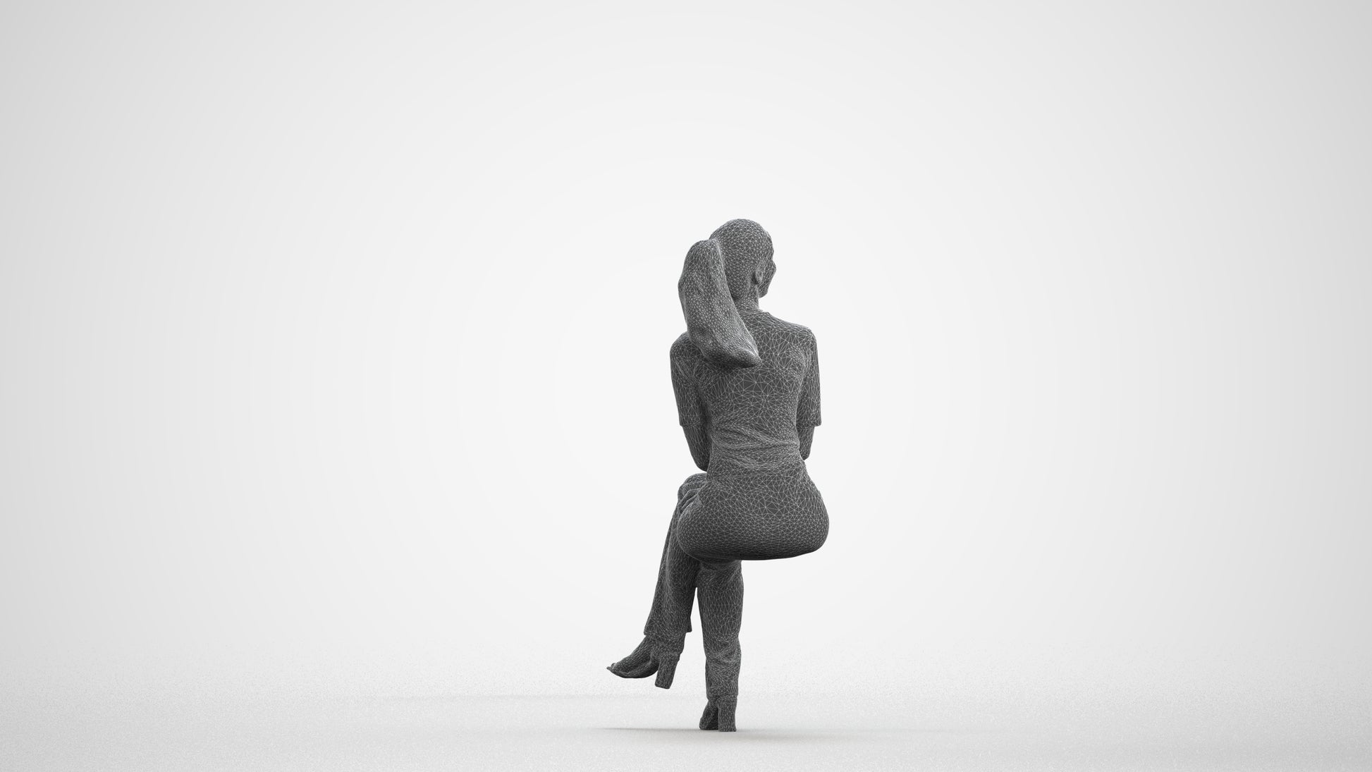 photogrammetry 3D woman casual sitting, realistic human model archviz FBX, wireframe front view