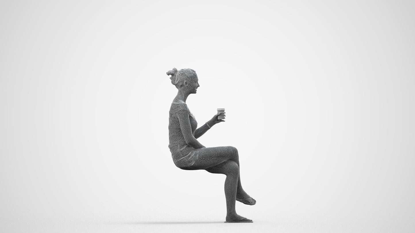 realistic 3D human girl casual sitting, archviz people FBX OBJ for Blender, wireframe side view