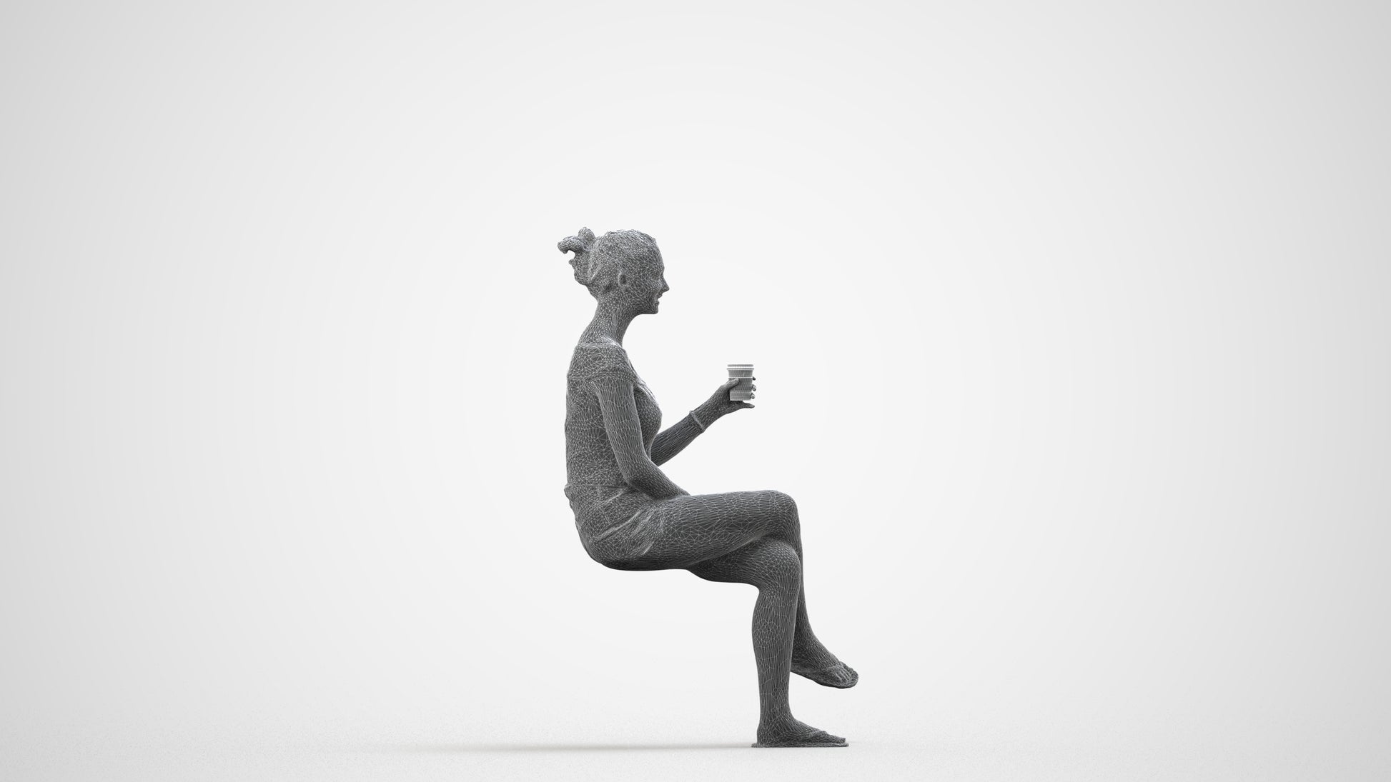 realistic 3D human girl casual sitting, archviz people FBX OBJ for Blender, wireframe side view
