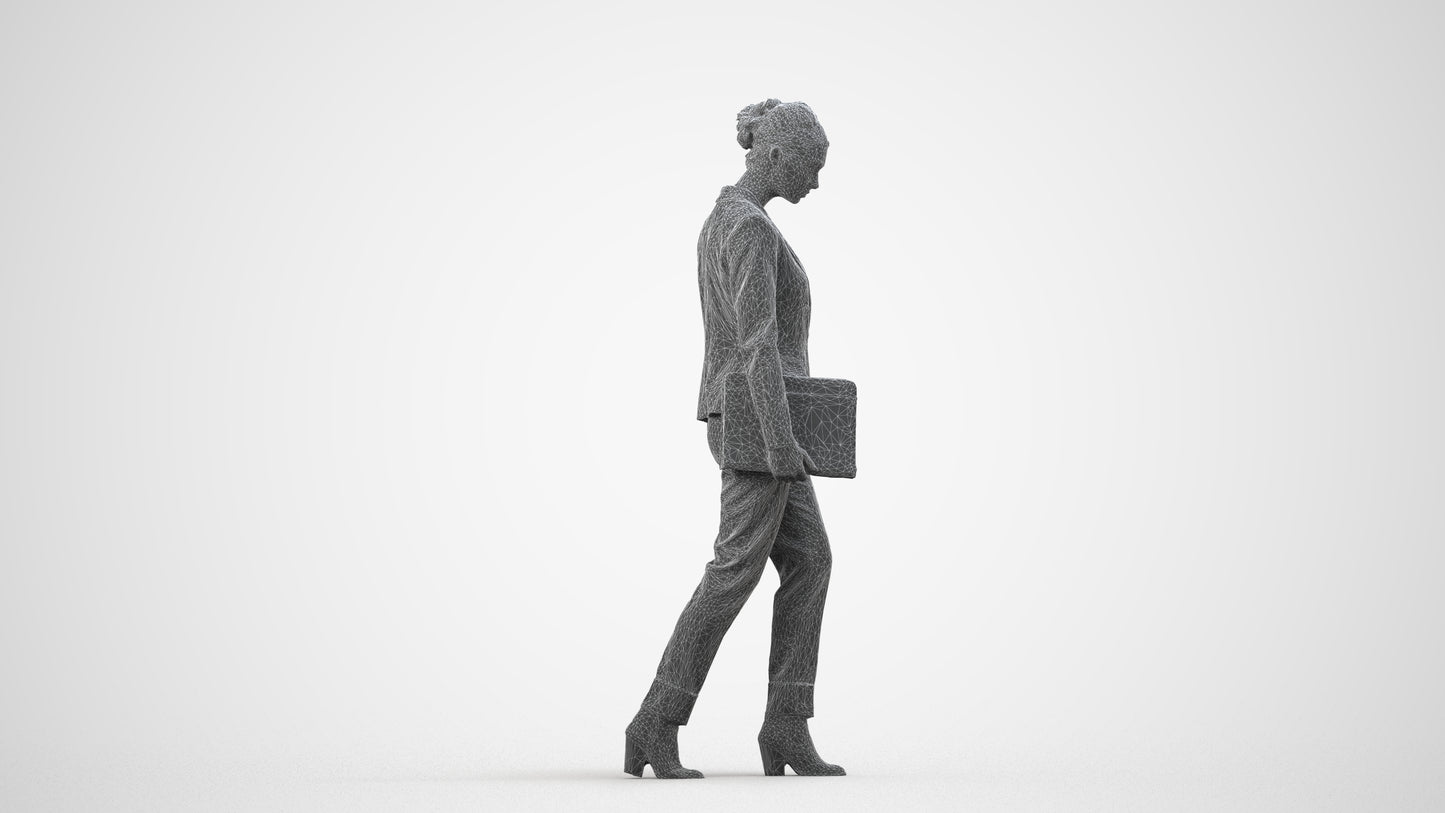 realistic 3D woman business walking, scanned archviz people for Blender and 3ds Max, wireframe side view