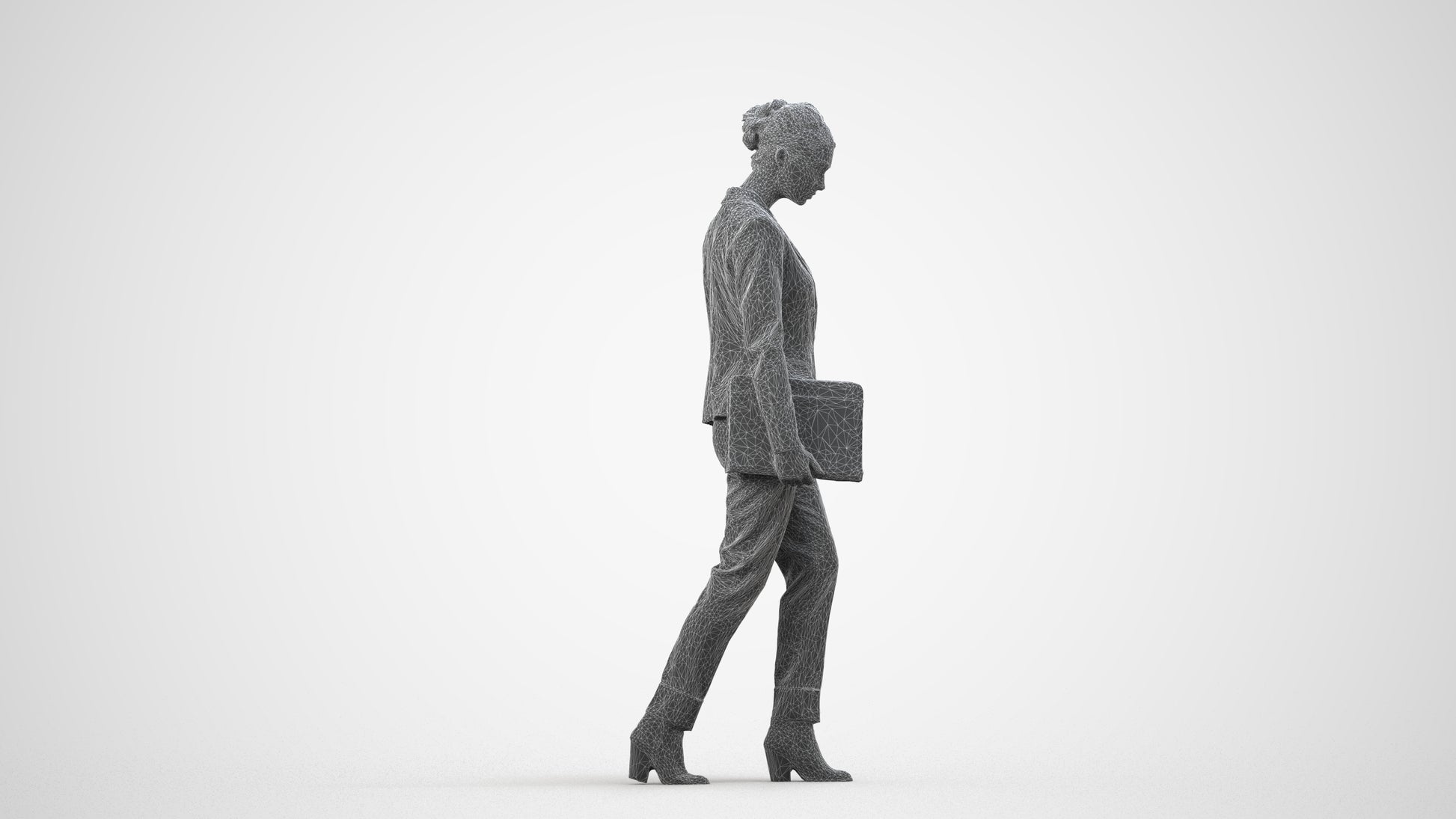 realistic 3D woman business walking, scanned archviz people for Blender and 3ds Max, wireframe side view