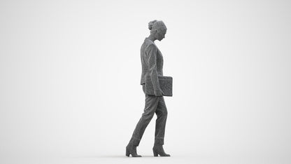 realistic 3D woman business walking, scanned archviz people for Blender and 3ds Max, wireframe side view
