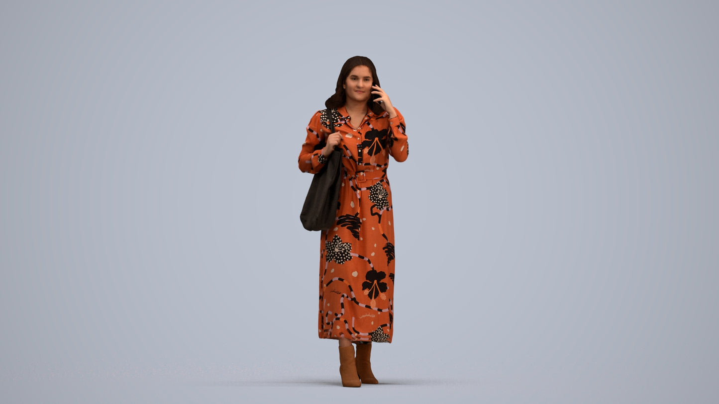 3D human model woman casual walking, photogrammetry scanned person for archviz, standing pose render