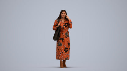 3D human model woman casual walking, photogrammetry scanned person for archviz, standing pose render