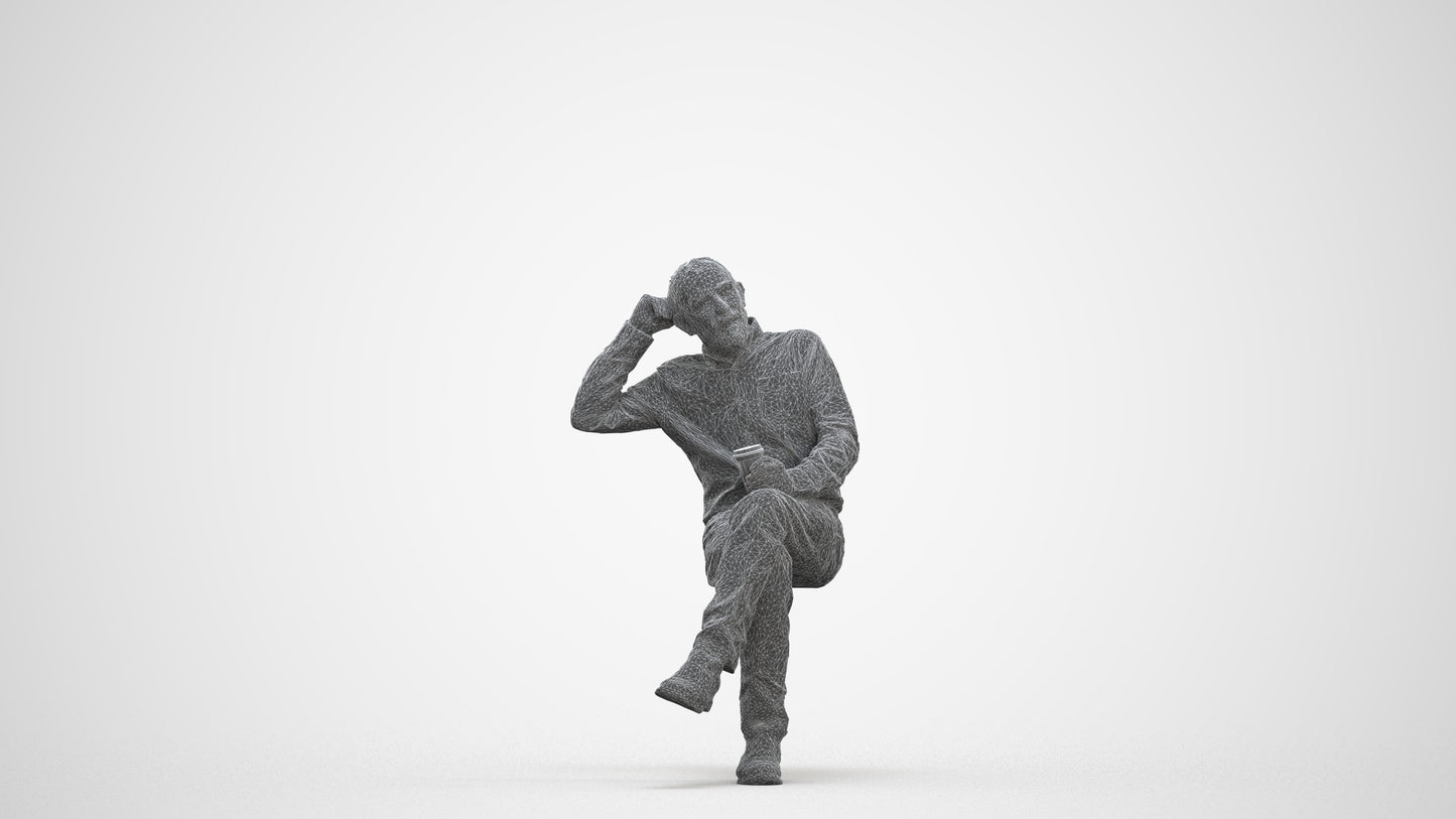 realistic 3D people senior man casual sitting, render-ready for V-Ray and Corona, FBX OBJ, three-quarter front view render