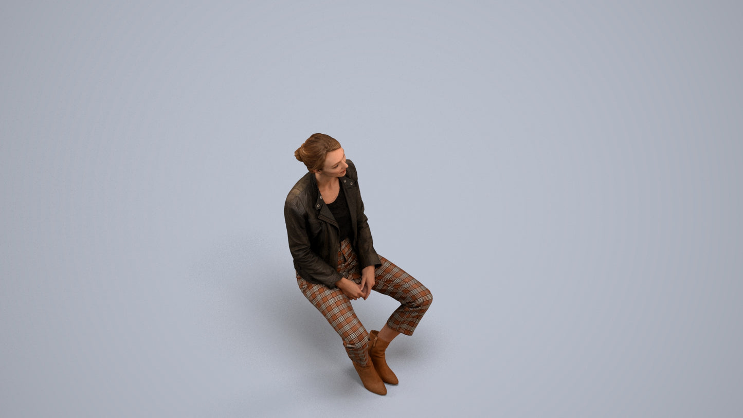 scanned 3D woman casual sitting, photogrammetry people for Enscape and V-Ray, back view render