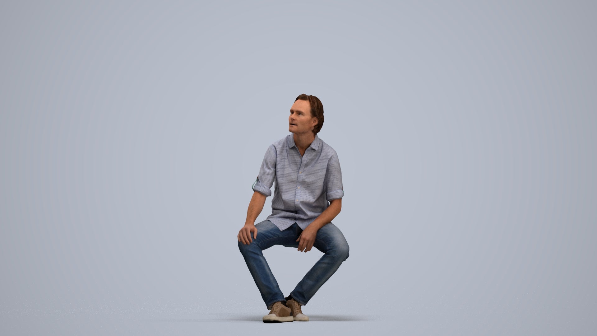 3D scanned man sitting casual, photorealistic archviz people for Enscape and SketchUp, standing pose render