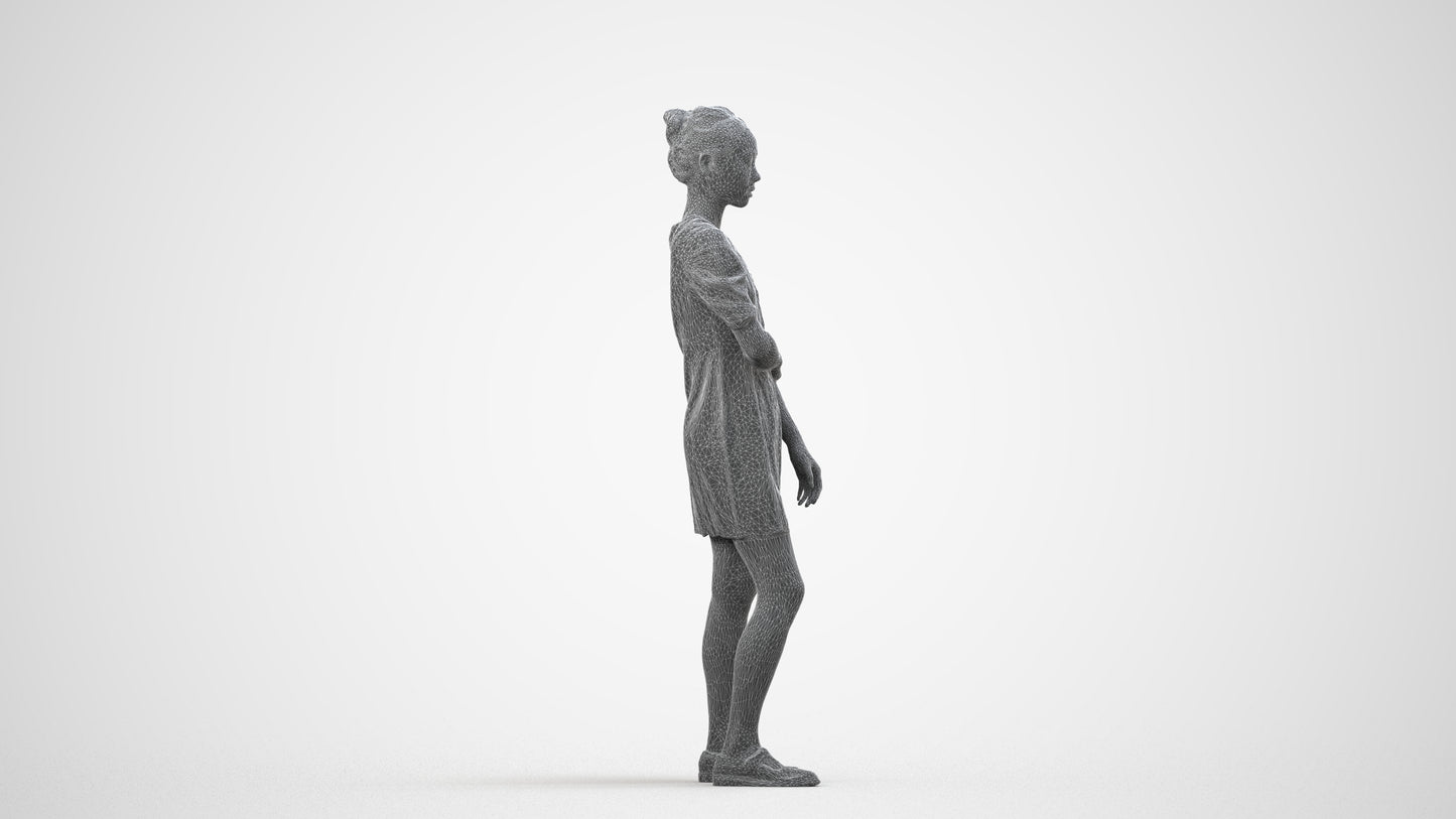 realistic 3D human woman business standing, archviz people FBX OBJ for Blender, wireframe side view