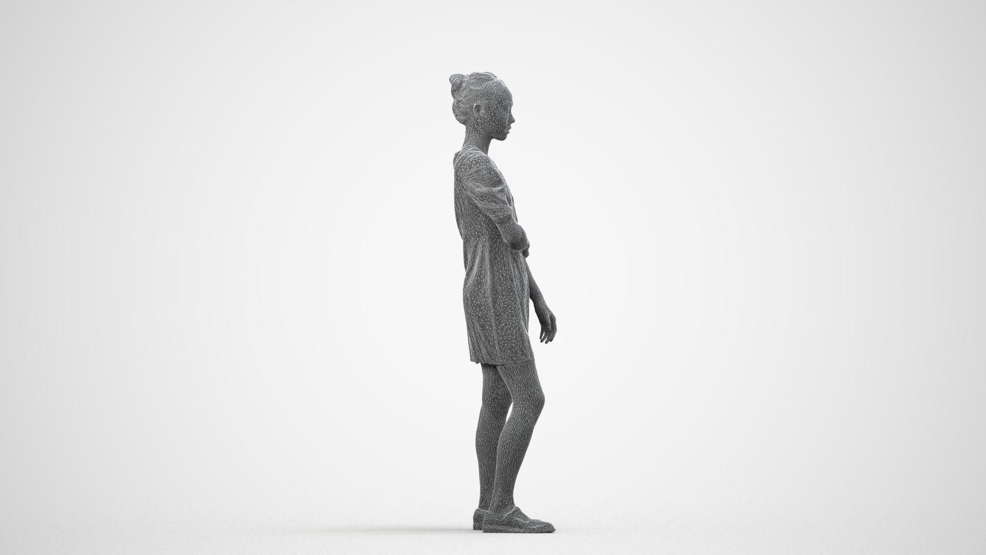 realistic 3D human woman business standing, archviz people FBX OBJ for Blender, wireframe side view