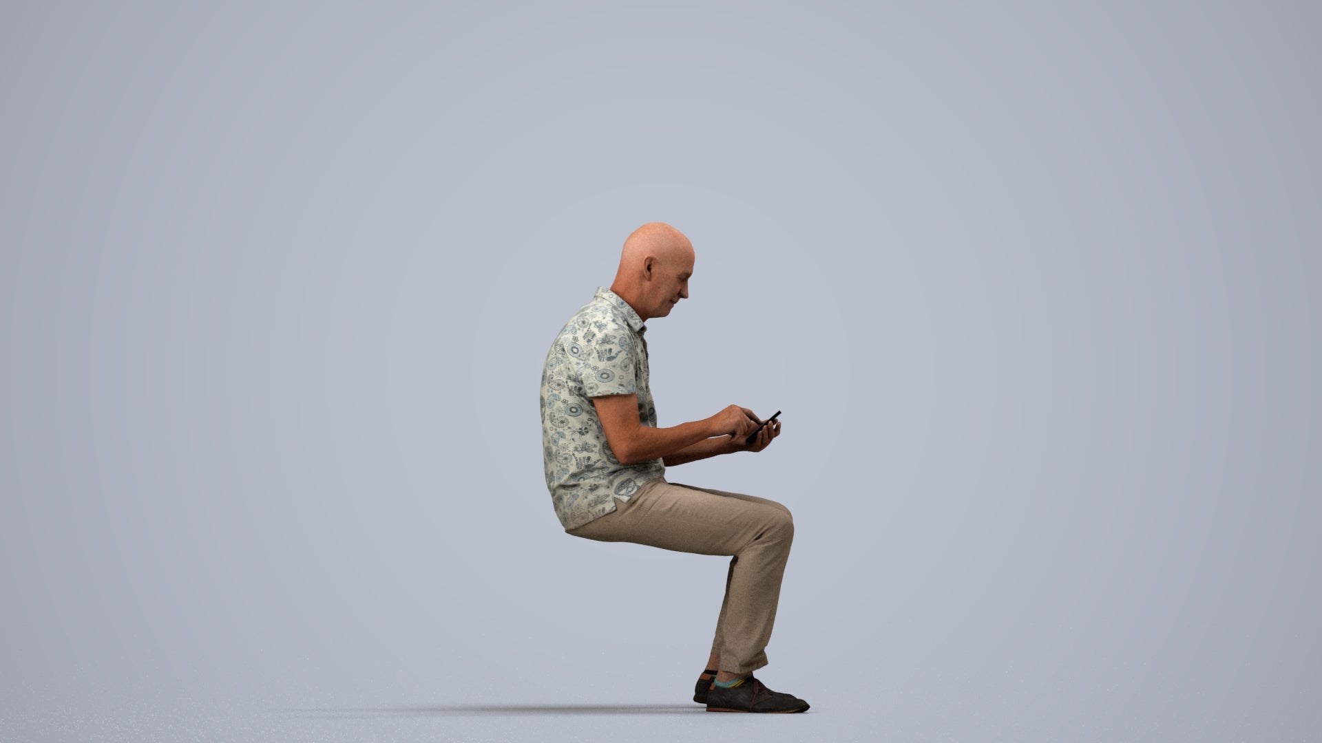 realistic 3D senior man casual sitting, scanned archviz people for Blender and 3ds Max, side view render