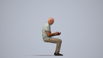 realistic 3D senior man casual sitting, scanned archviz people for Blender and 3ds Max, side view render