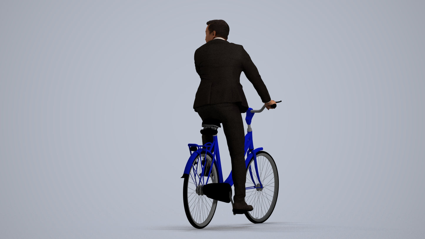 3D human model man business cycling, photogrammetry scanned person for archviz, front view render