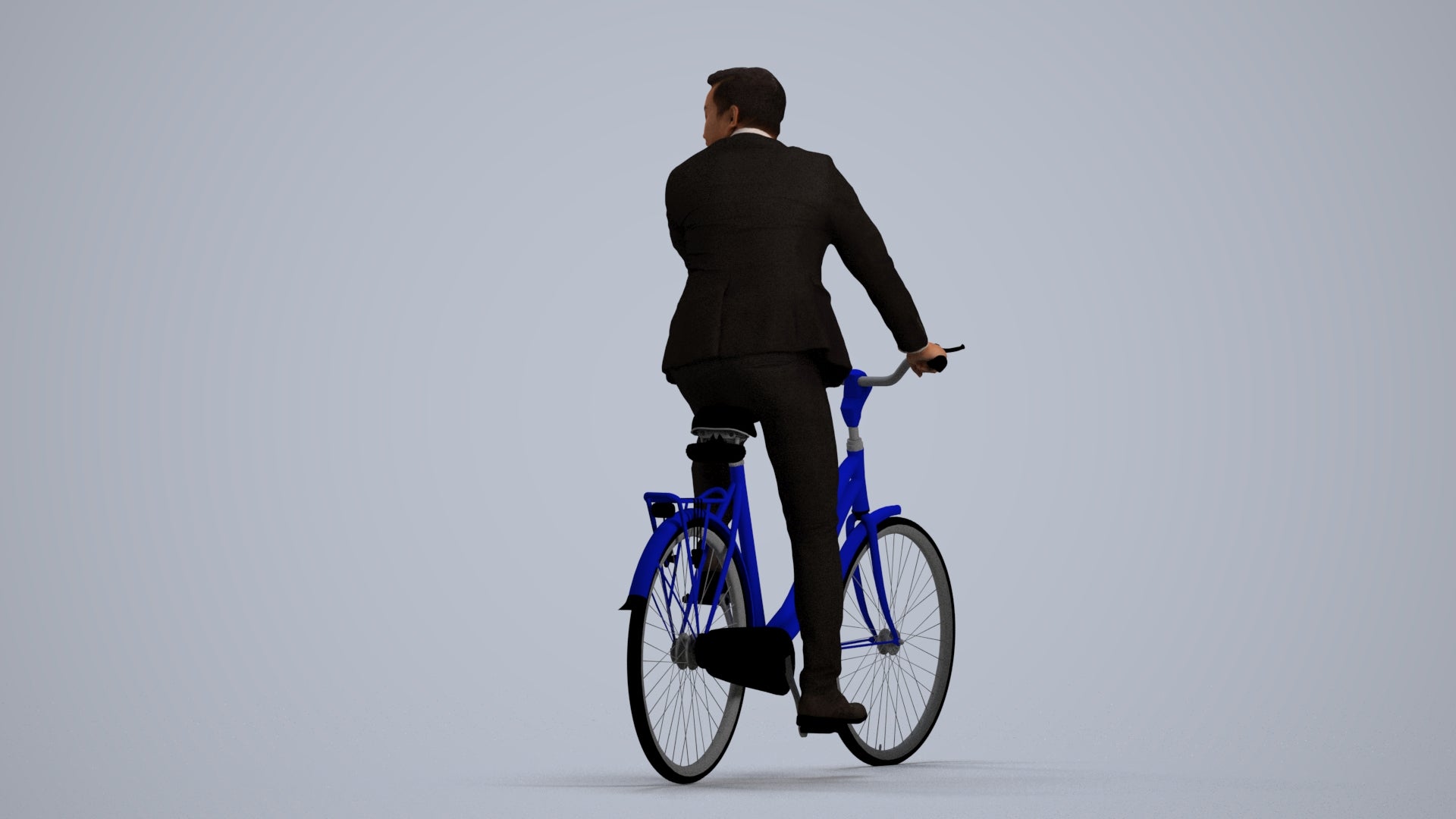 3D human model man business cycling, photogrammetry scanned person for archviz, front view render