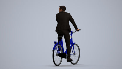 3D human model man business cycling, photogrammetry scanned person for archviz, front view render