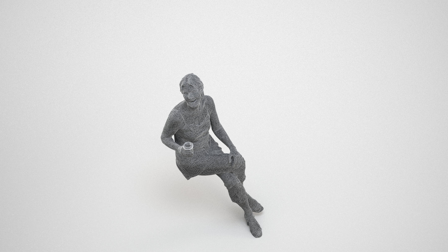 realistic 3D senior woman casual sitting, scanned archviz people for Blender and 3ds Max, wireframe three-quarter view