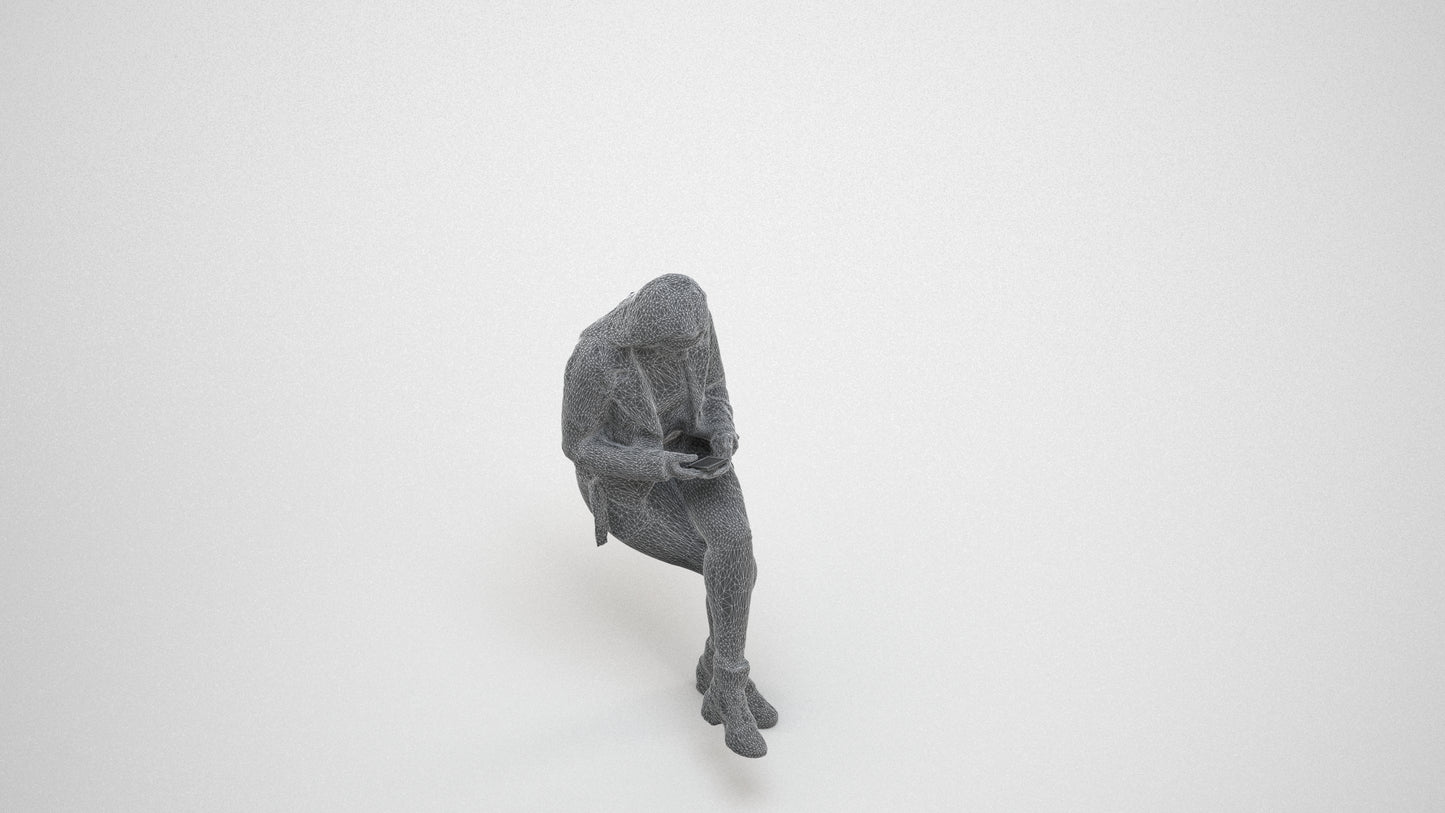 realistic 3D people woman casual sitting, render-ready for V-Ray and Corona, FBX OBJ, wireframe three-quarter view