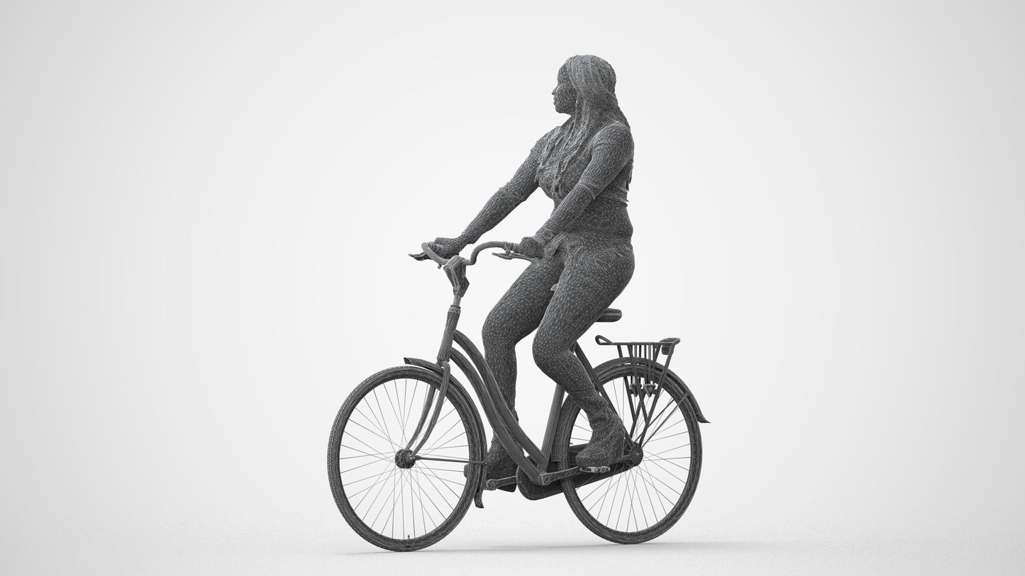 3D human model woman casual cycling, photogrammetry scanned person for archviz, square thumbnail