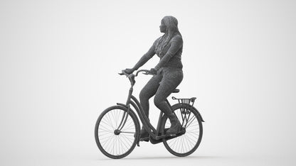 3D human model woman casual cycling, photogrammetry scanned person for archviz, square thumbnail