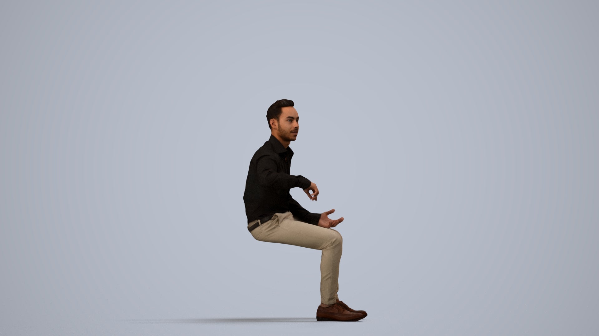 realistic 3D man business sitting, scanned archviz people for Blender and 3ds Max, side view render