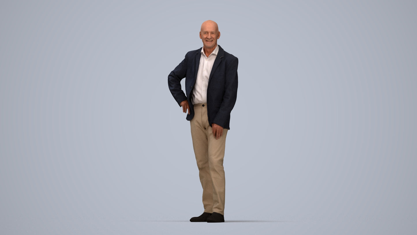 realistic 3D senior man business, scanned archviz people for Blender and 3ds Max, top-down view render